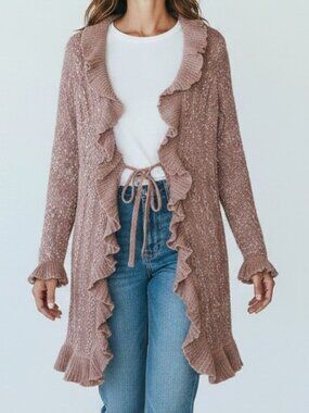 NEW BKE Boutique Blush Ruffled Long Line Cardigan Sweater Whimsical Fairycore